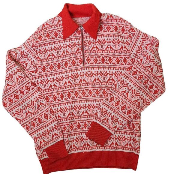 Vintage 70s Pullover Ski Sweater Mens Size L Nordic Fair Isle Quarter Zip Spread - Picture 4 of 5